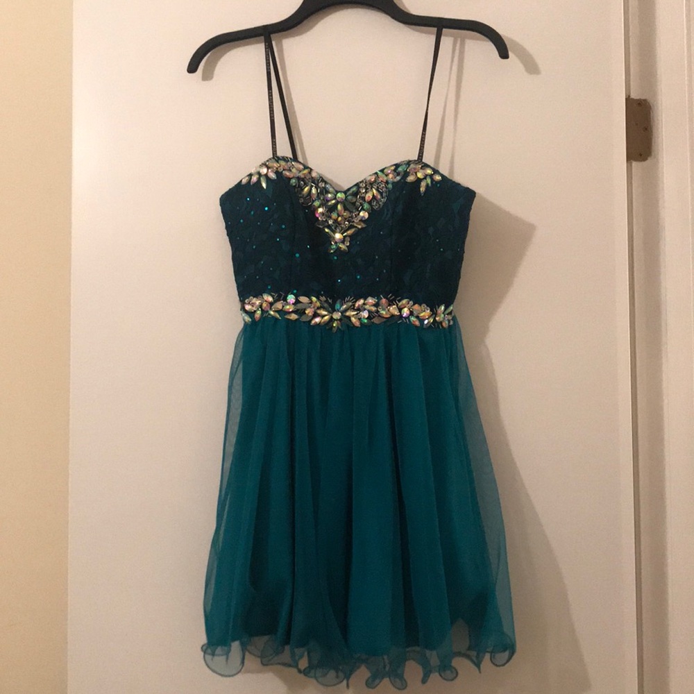 Masquerade teal green short dress strapless